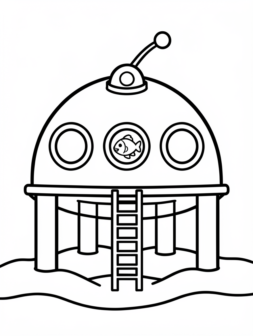 A dome-shaped underwater habitat on four legs, with three round windows and a small ladder.