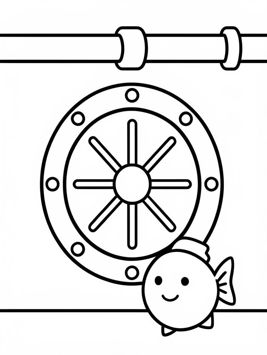 A big round airlock door with a spoked wheel handle set into an underwater wall.