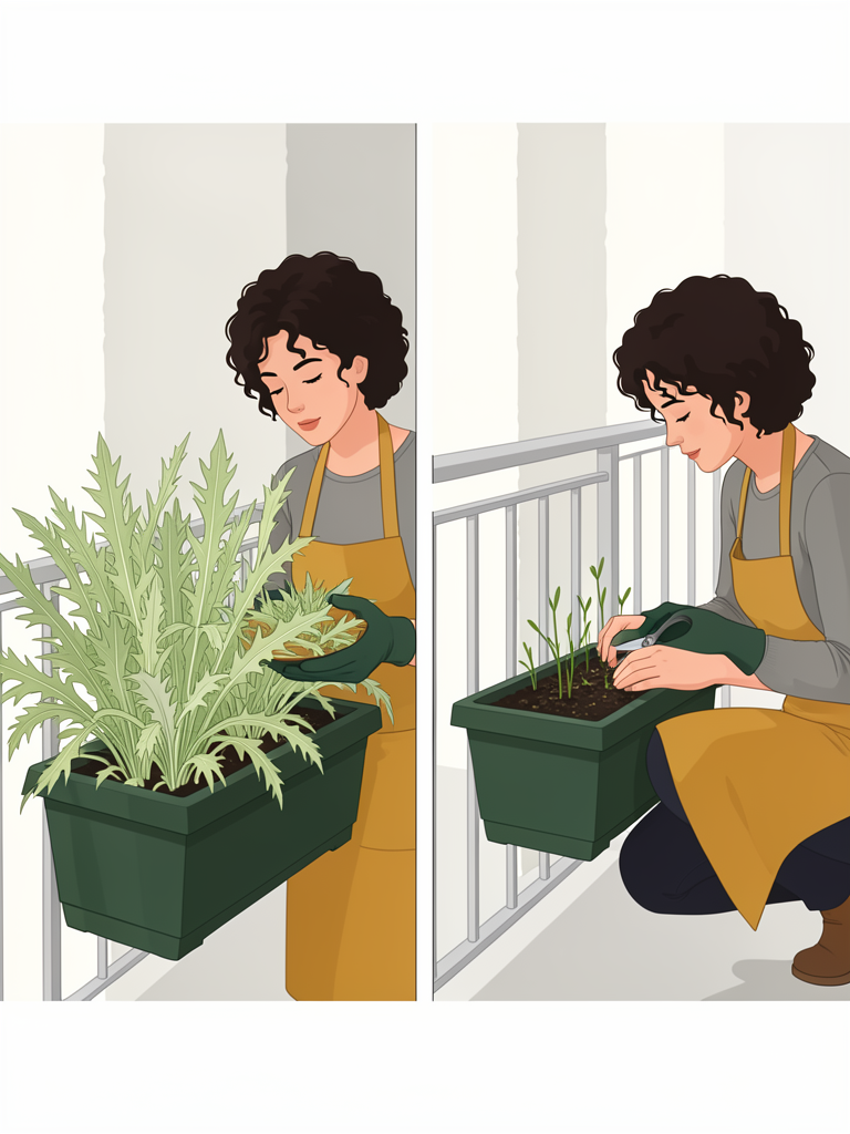 Two panels of the same mizuna box, one full before cutting and one with fresh regrowth.