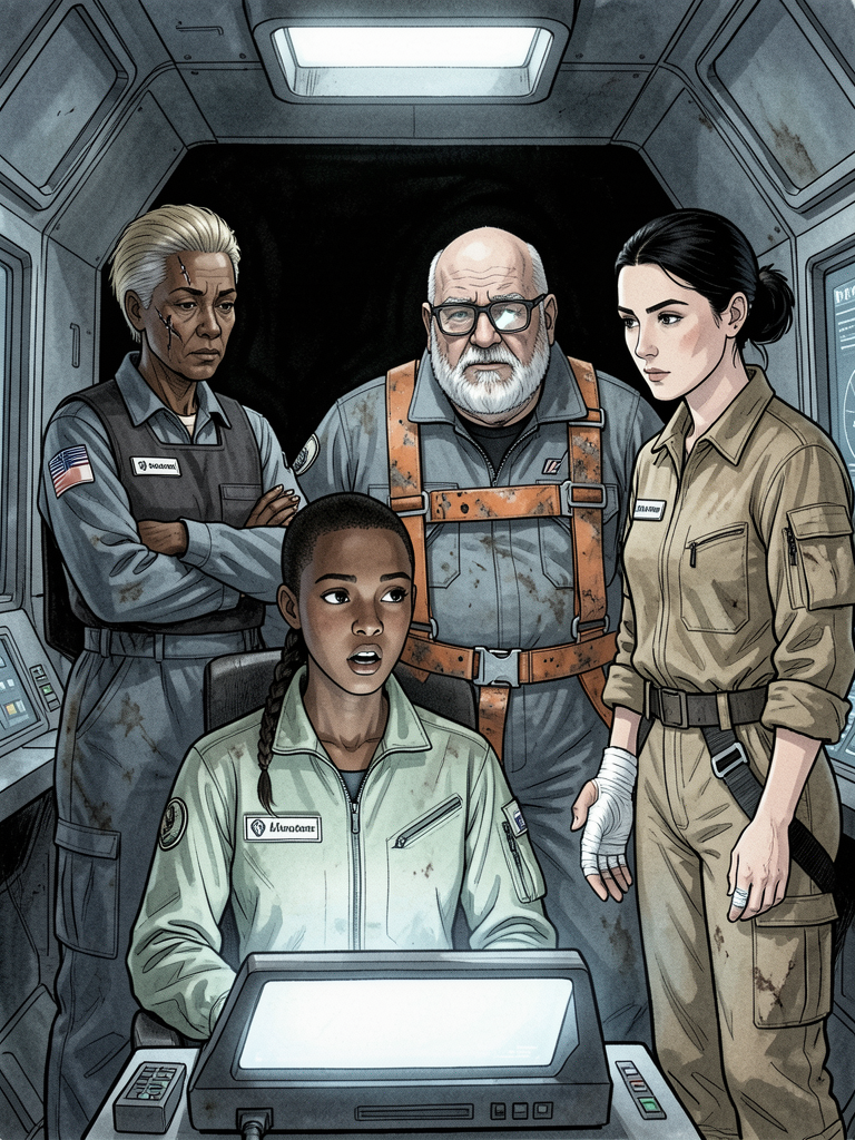 Five crew members crowd into a narrow room around a glowing screen, one of them reading aloud.