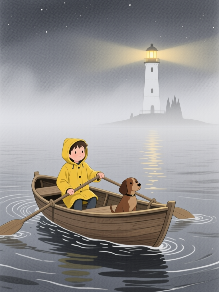 A boy in a yellow coat rows a small brown dog through fog toward a faint glow of lighthouse light.