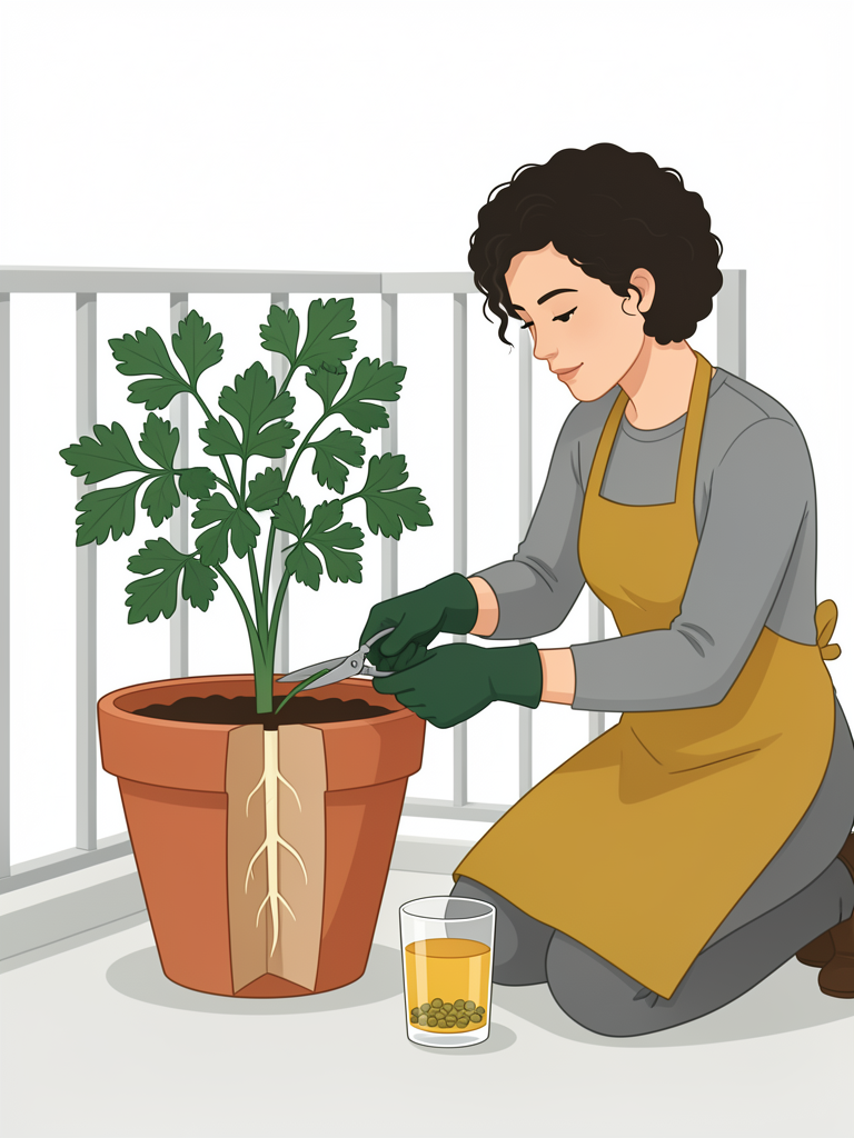 A deep pot of parsley with a cutaway showing its taproot, beside a glass of soaking seeds.
