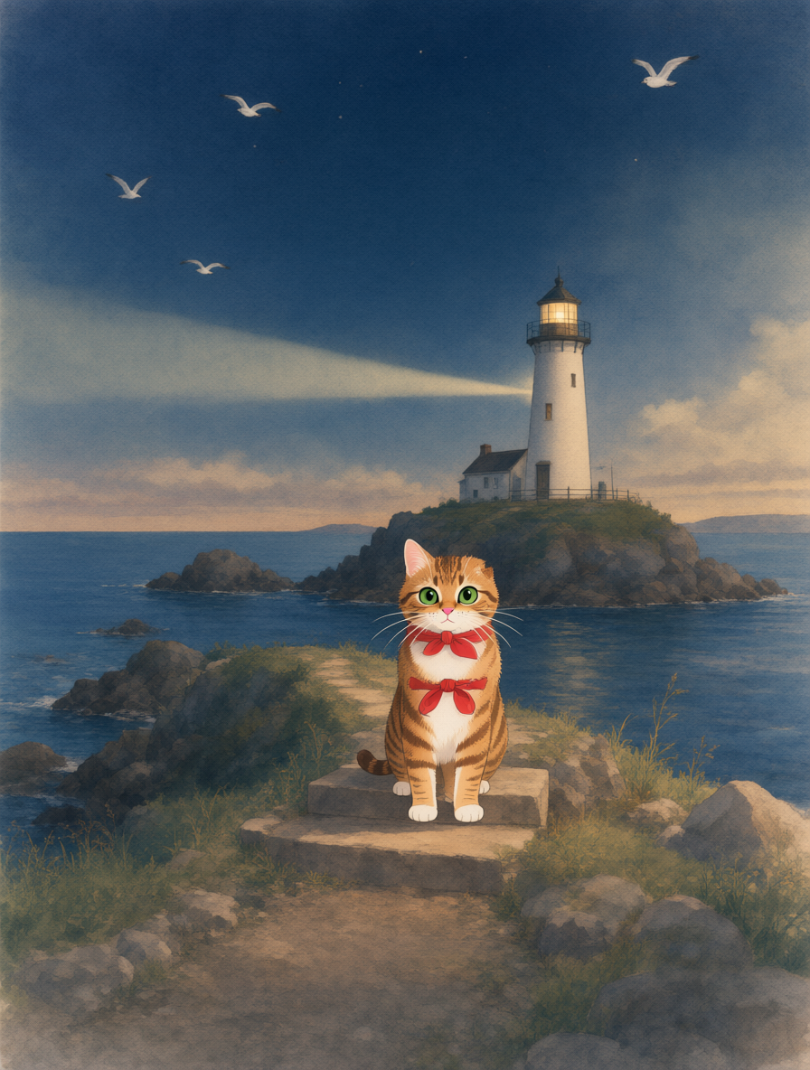 A distant rocky island with a small white lighthouse, and a tiny cat on the doorstep.