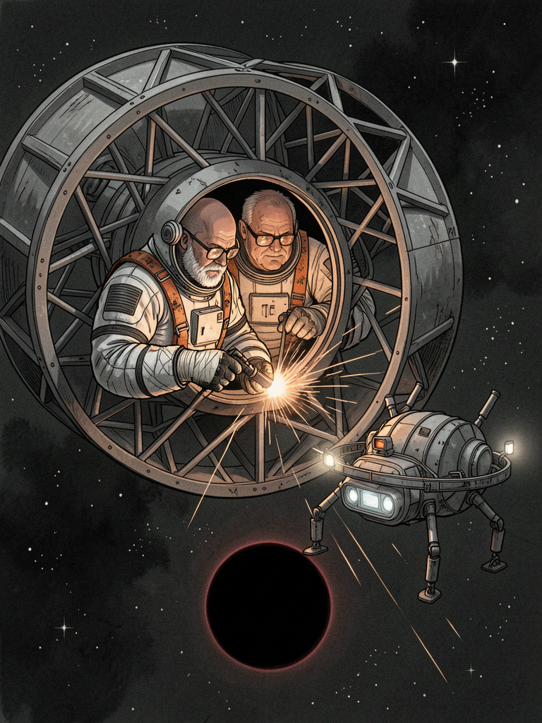 An astronaut with a cutting torch works on the hub of a skeletal relay station while a repair ship waits nearby.