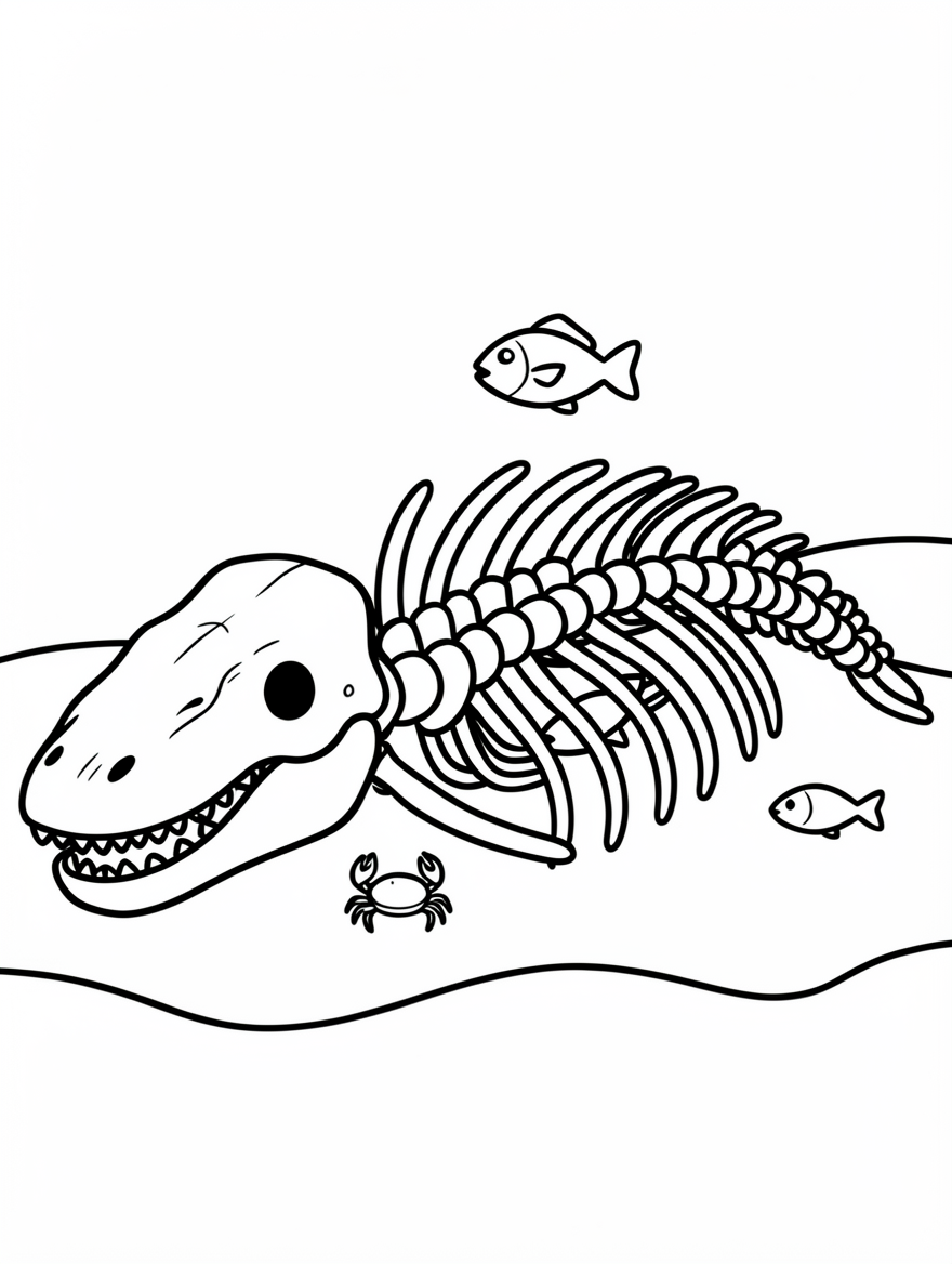A whale skeleton on the seabed with a long skull, stacked spine bones and seven pairs of ribs.