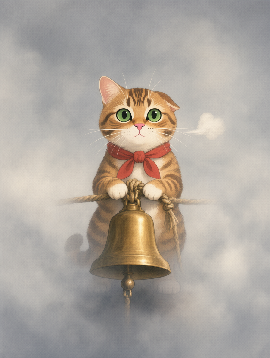 A small cat swinging on the rope of the lighthouse fog bell in thick fog.