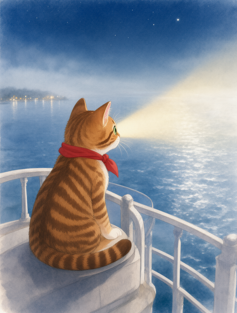 A cat sits on the lighthouse railing as the fog clears and the beam sweeps the silver sea.