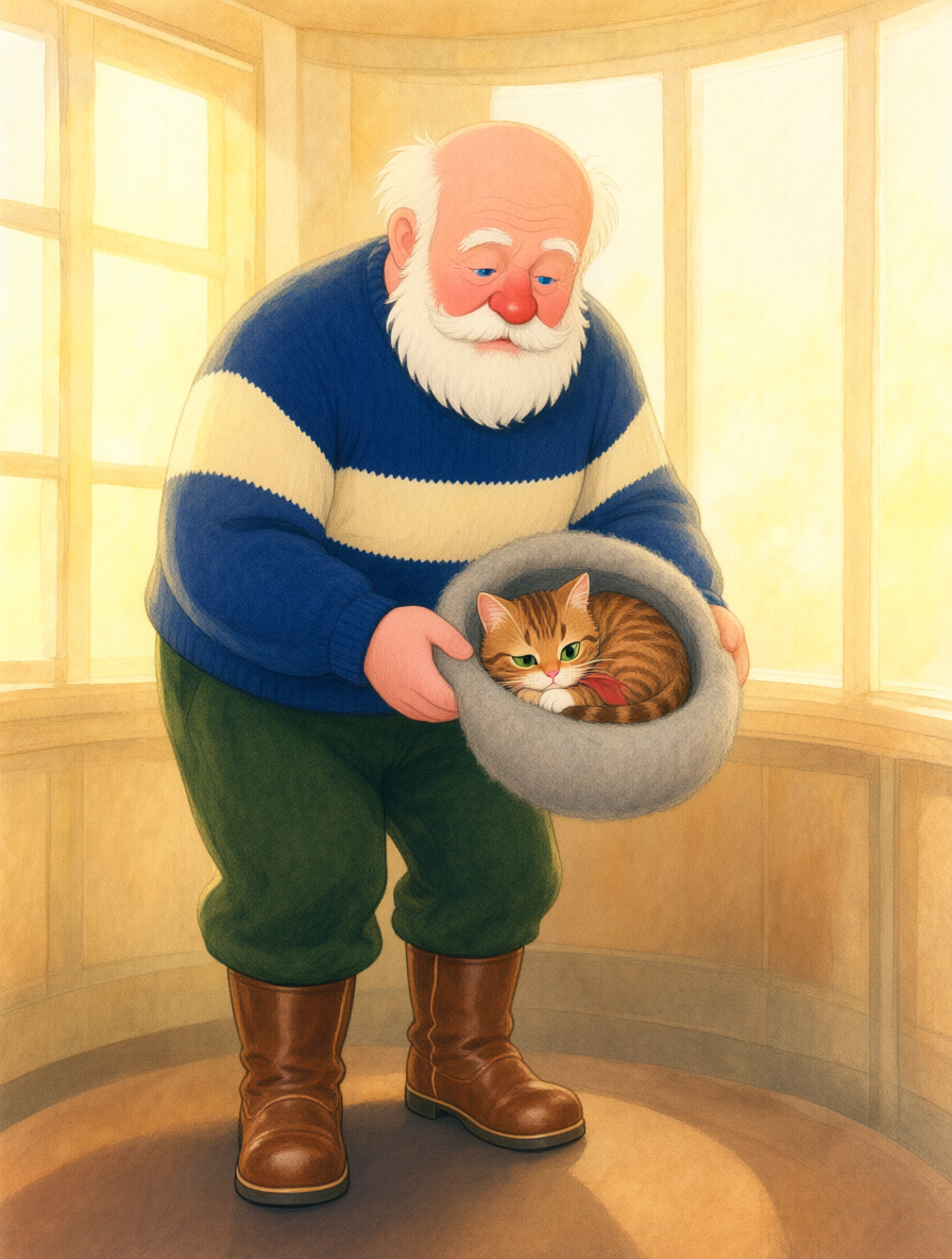 The keeper bends down holding his wool cap, with his cat curled up asleep inside it.