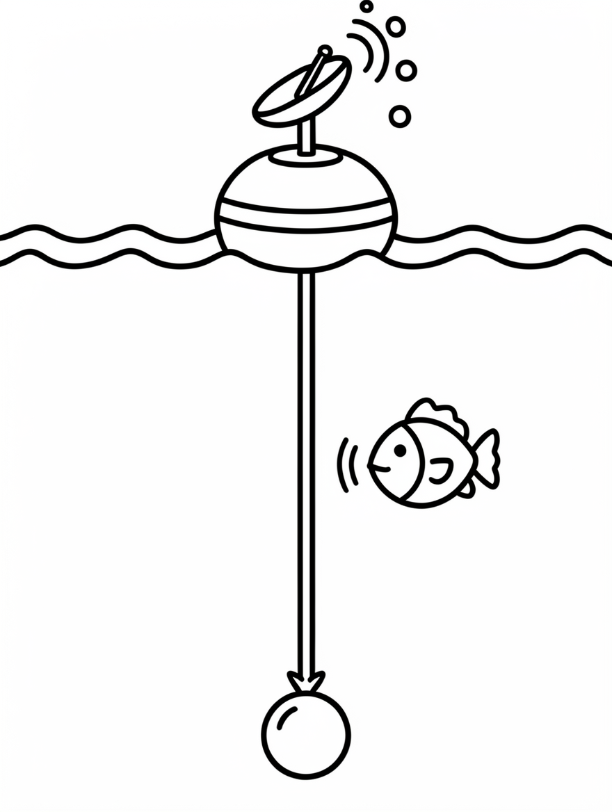A round buoy with a dish antenna on the waves, its cable running down to the seabed.
