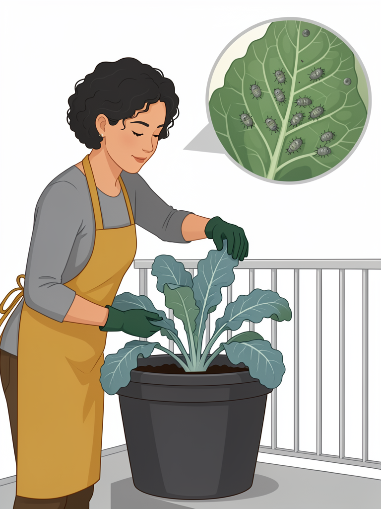 A woman peels a lower leaf from a potted kale plant, with a magnified view of aphids in a leaf fold.