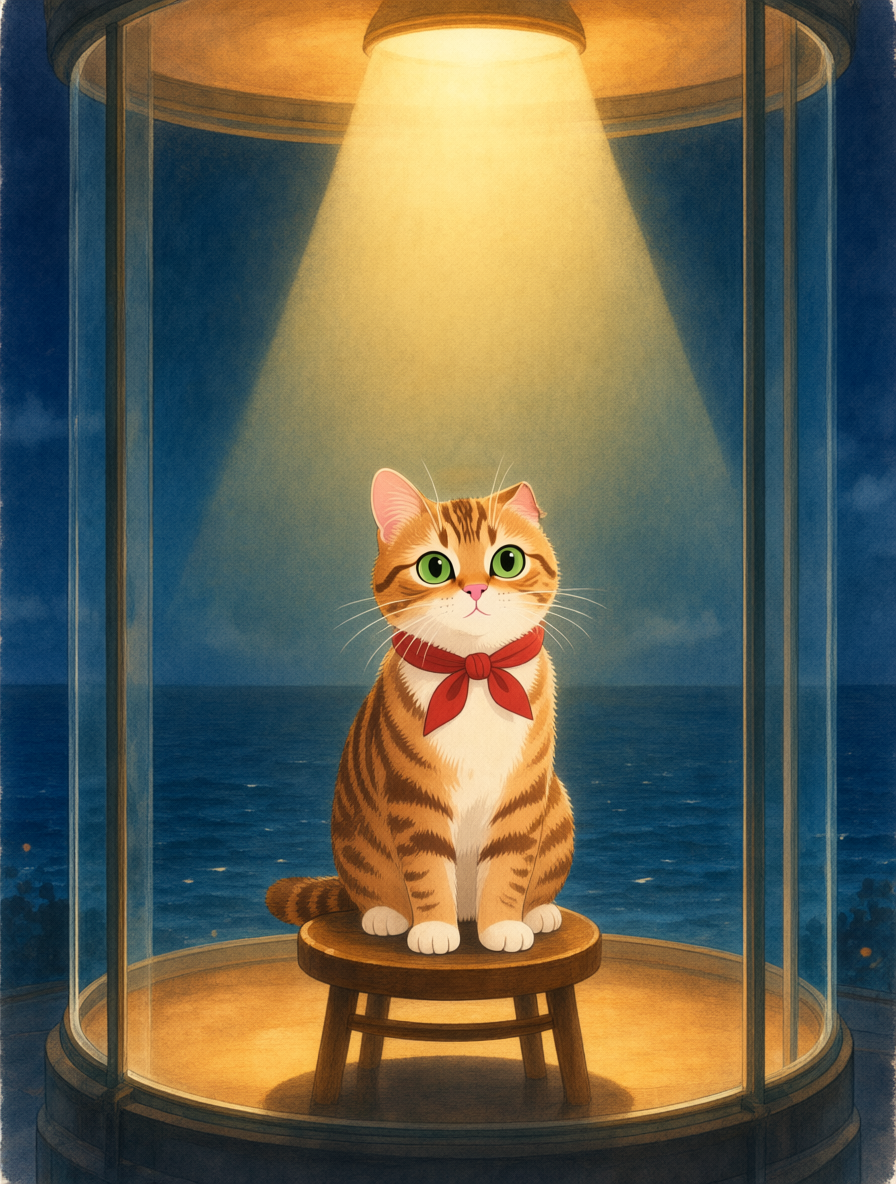 A tabby cat on a stool inside a glass lamp room as the beam sweeps over the dark sea.