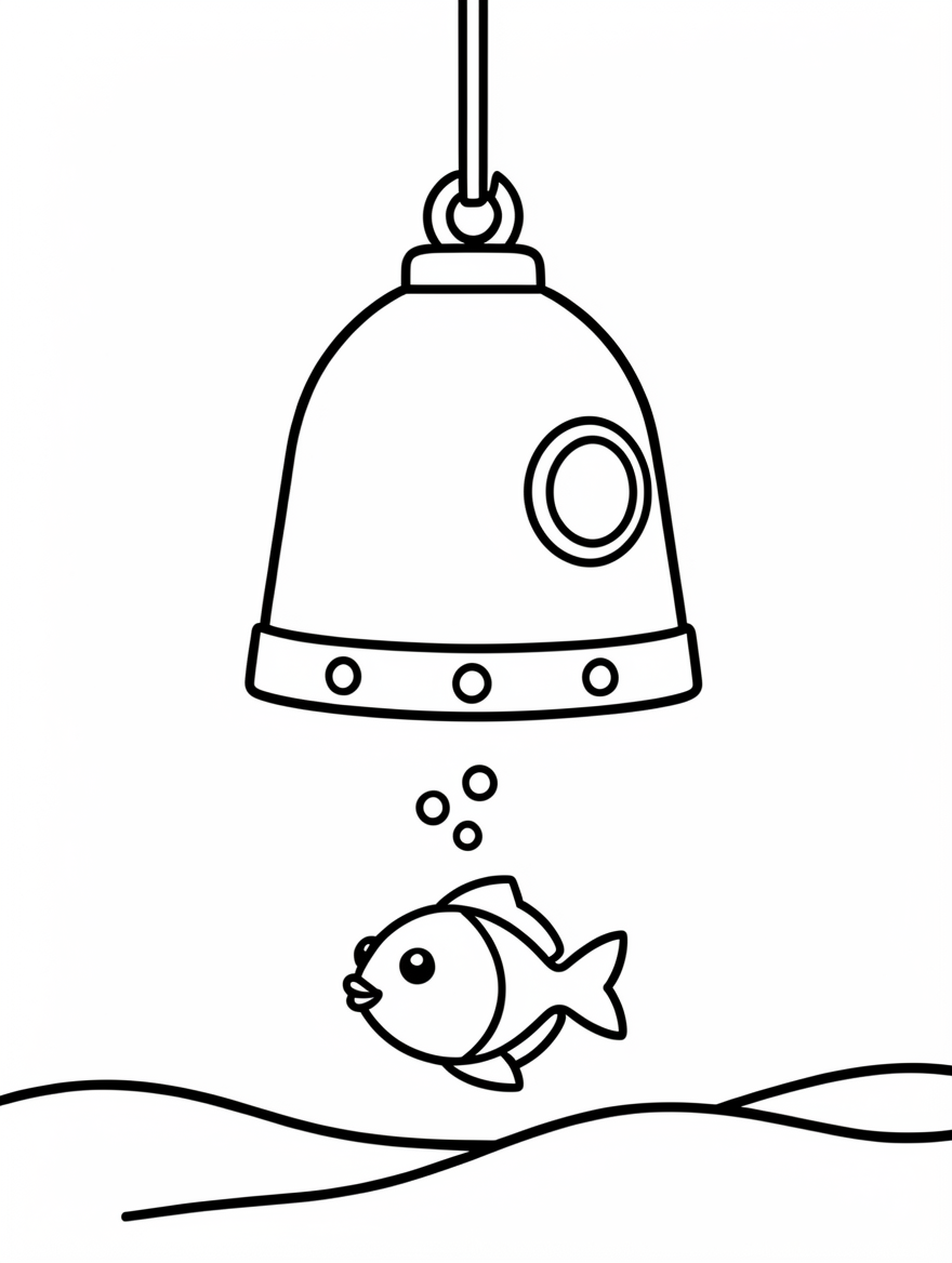 A bell-shaped diving vessel hanging from a cable above the seabed, with a small fish below it.