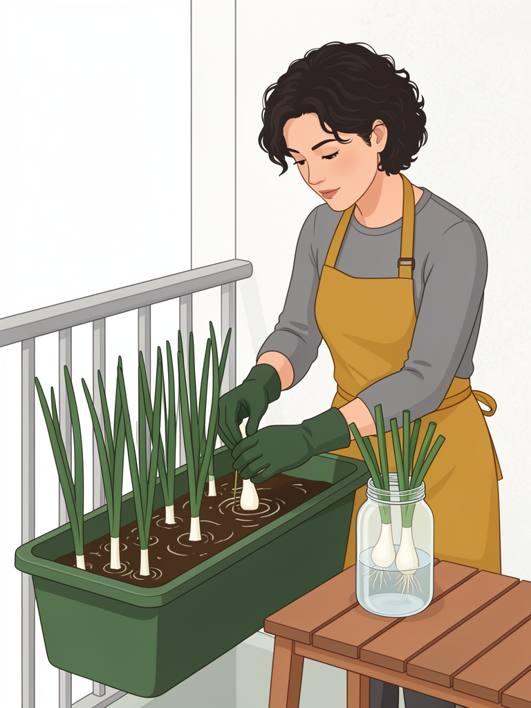 A shallow trough of scallions beside a jar of regrowing scallion root ends.