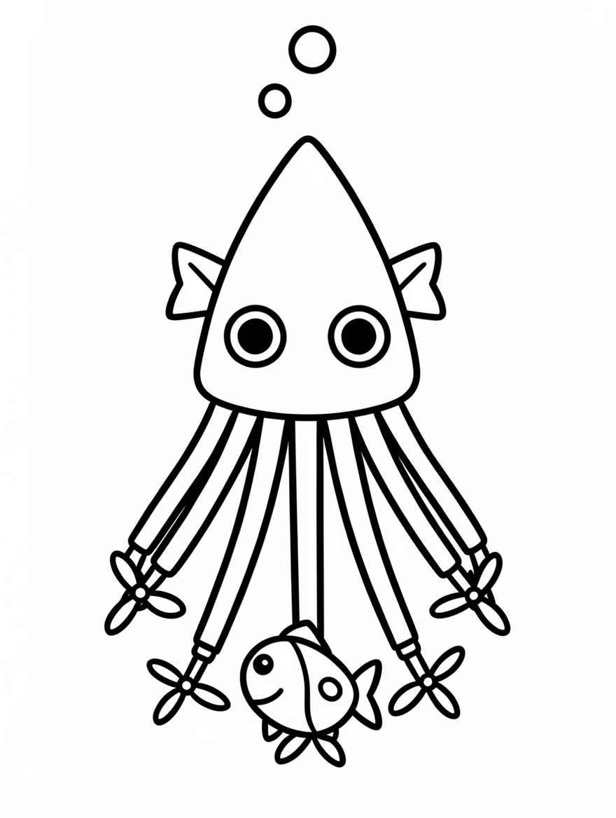 A squid-shaped robot with big round eyes and eight tentacles tipped with propellers.
