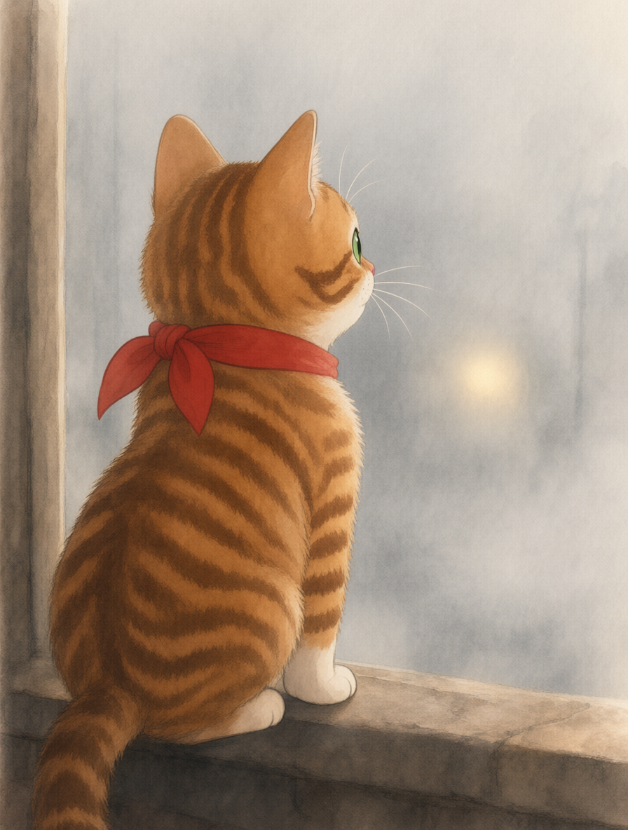 A cat at the lighthouse window looking out at thick grey fog.