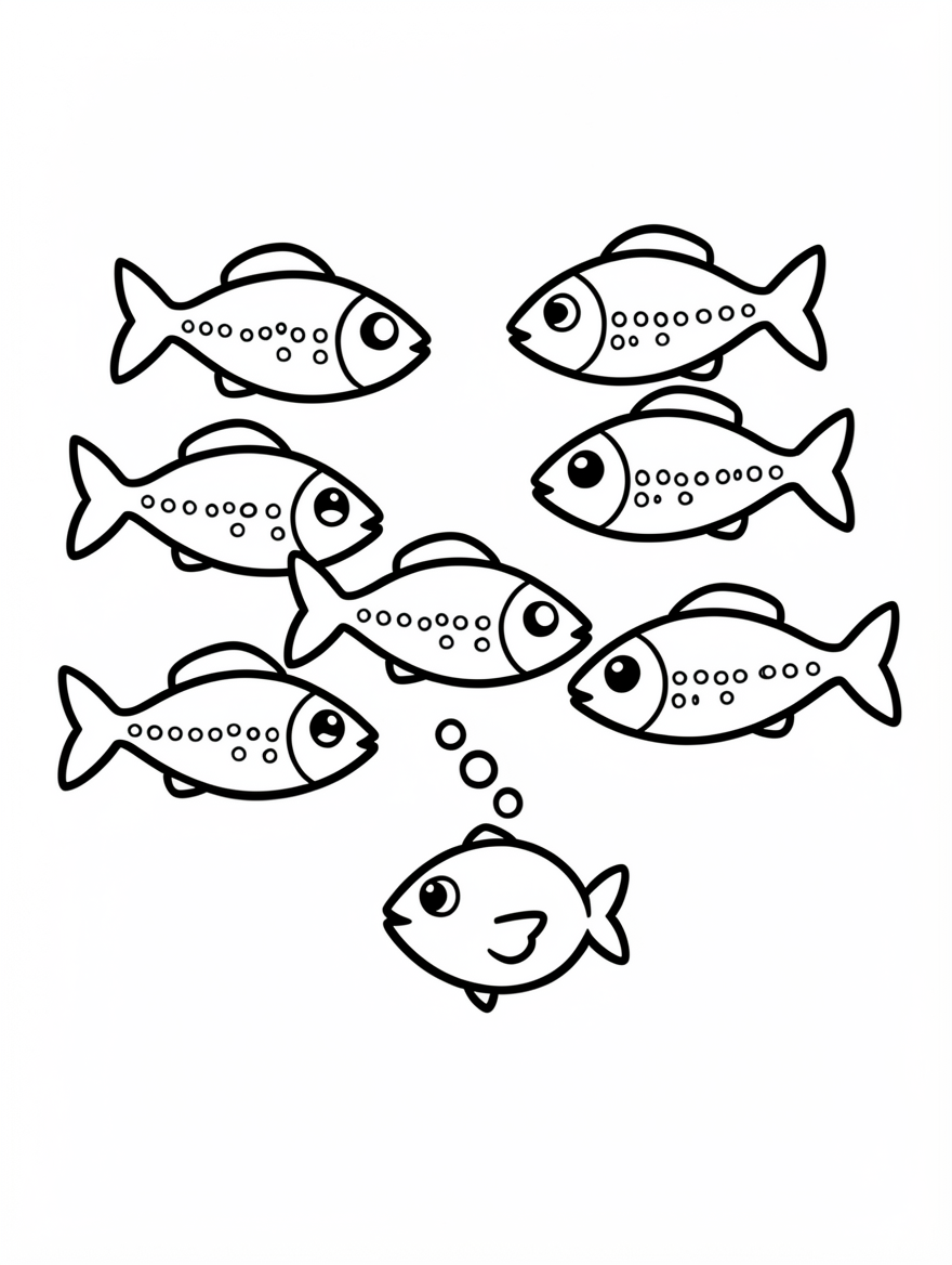 Eight small lanternfish with light dots on their sides swimming in one direction.
