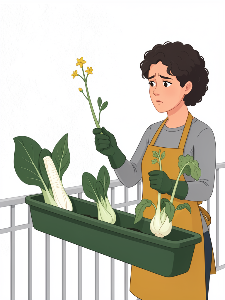 Three bok choy in a trough, one cut open to show a solid base, one bolted into flower.