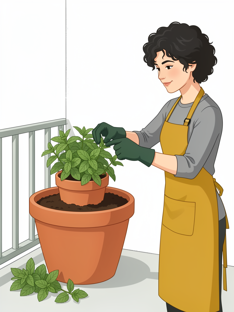 A cutaway of a small mint pot sunk inside a larger pot, with its rim above the soil line.