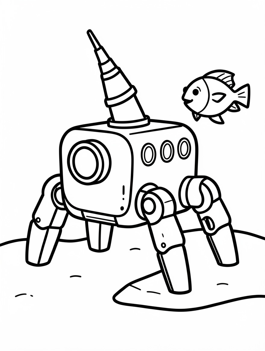 A boxy six-legged underwater crawler with a cone drill on its roof, standing on the seabed.