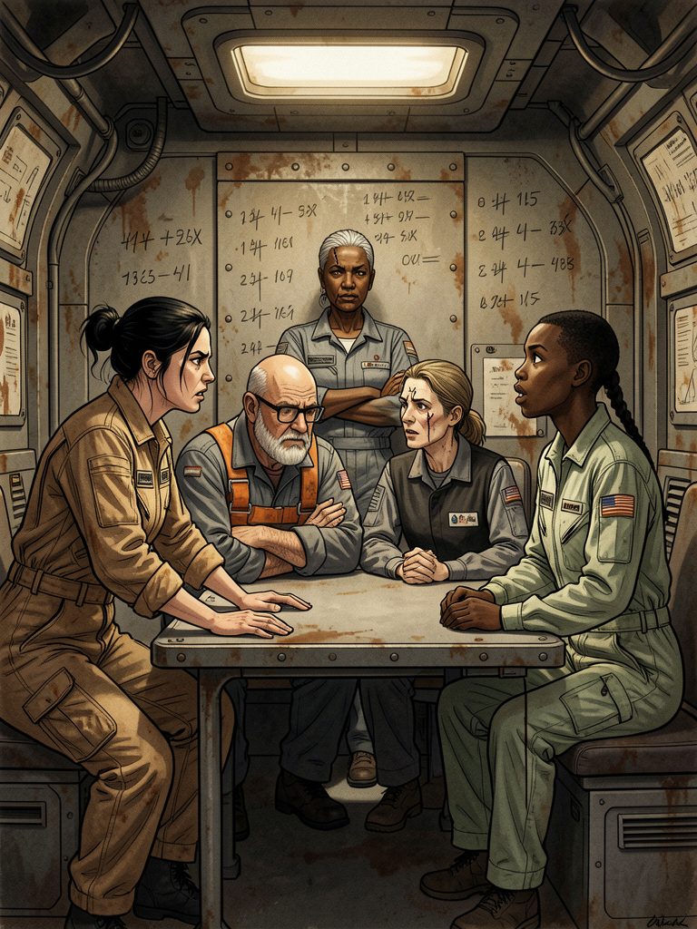 Five people argue around a cramped table beneath a wall covered in tally marks.