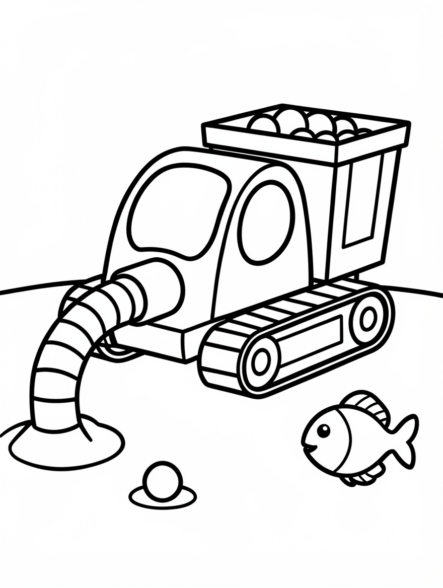 A tracked underwater harvester with a hose and a basket full of round nodules.