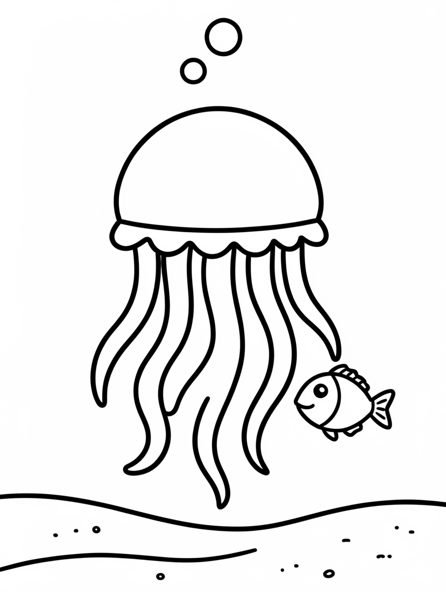 A large dome-shaped jellyfish with six long wavy tentacles drifting above the seabed.
