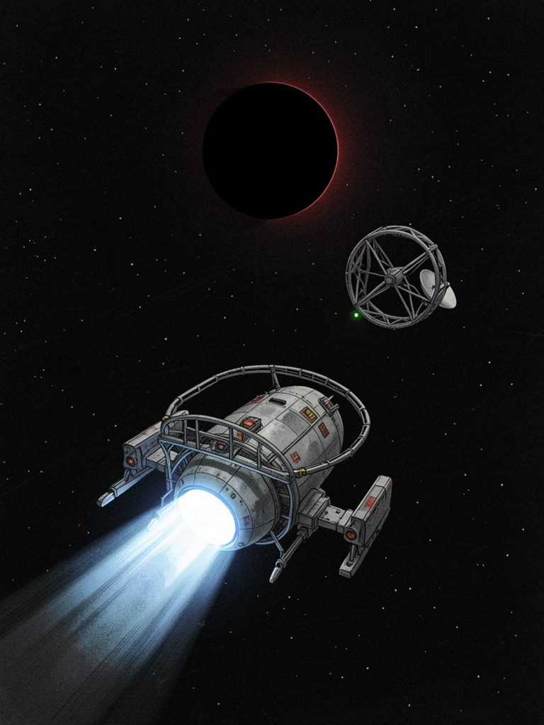 A small repair ship accelerates away into black space, leaving a skeletal relay and a dark star behind it.