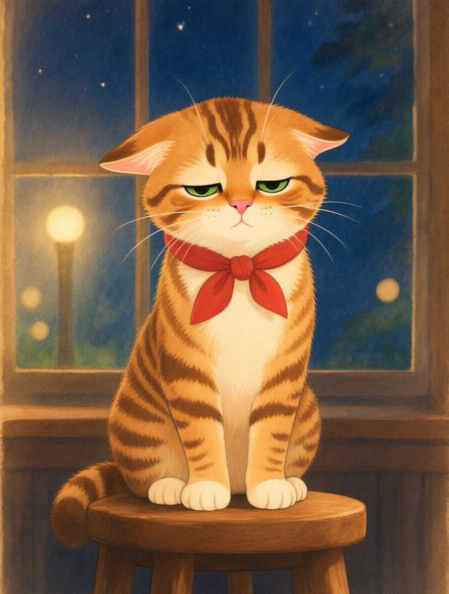 A sleepy cat sits up very straight on a stool, trying not to fall asleep on watch.