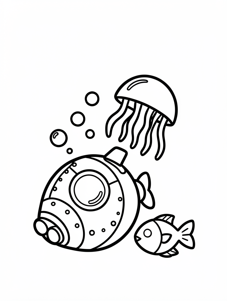 A round deep-sea submersible descending with its lamps lit, beside a small fish and a large jellyfish.