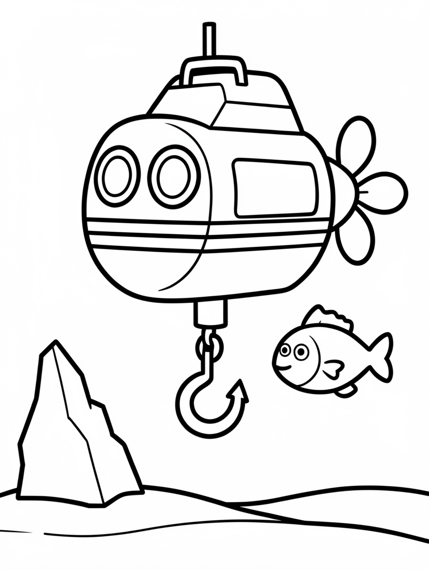 A boxy rescue submarine with two round windows and a large hook hanging underneath.