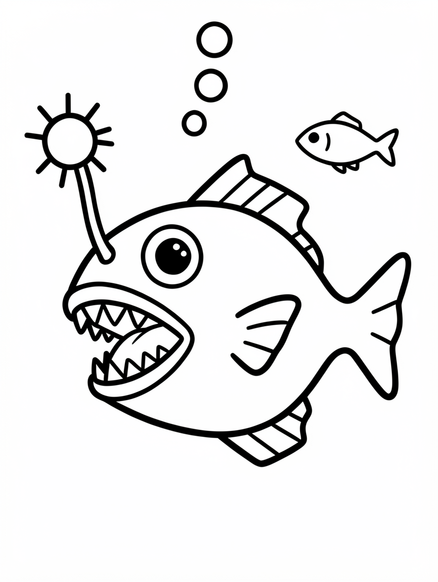 A large deep-sea anglerfish with a glowing lure on a long stalk above its head.