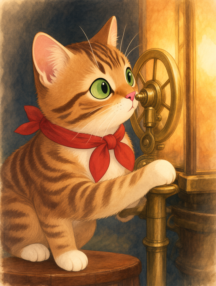 A tabby cat nudging a small brass wheel with his nose so the lighthouse lamp keeps turning.