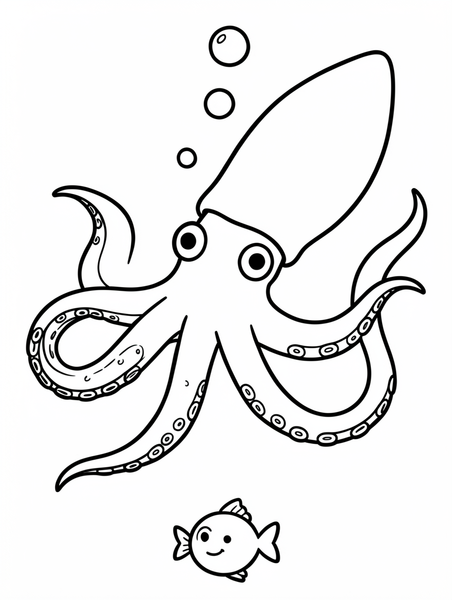 A giant squid with large round eyes, eight short arms and two long trailing arms.