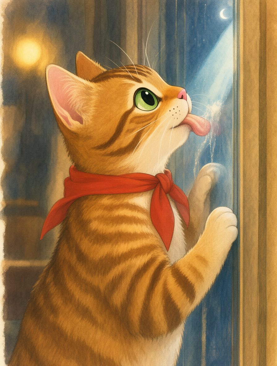 A small cat stretching up on his back legs to lick a smudge off the lighthouse glass.