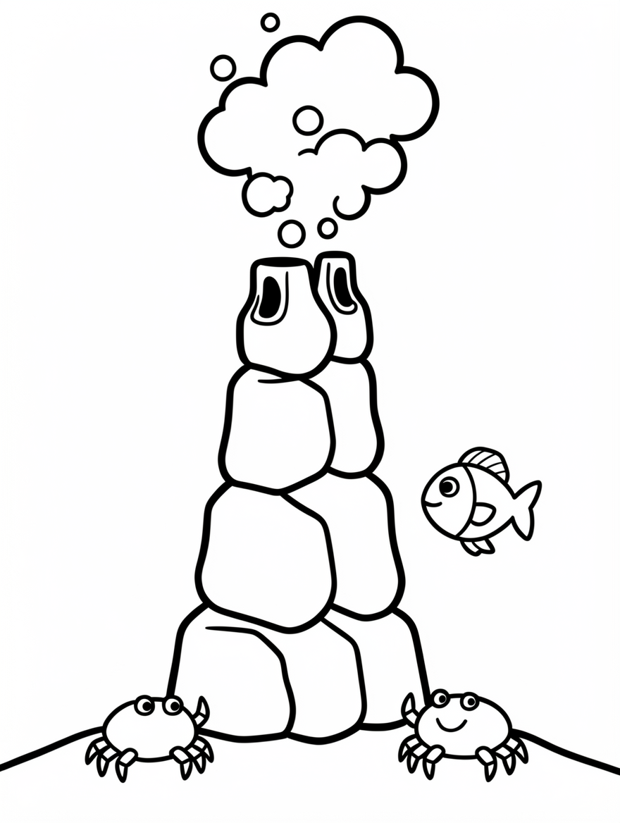 A tall rocky chimney on the seabed with a plume of bubbles rising from its top.