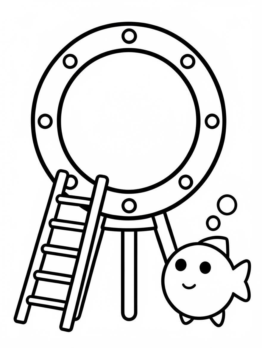 An empty riveted porthole frame on a small stand with a tiny fish beside it.